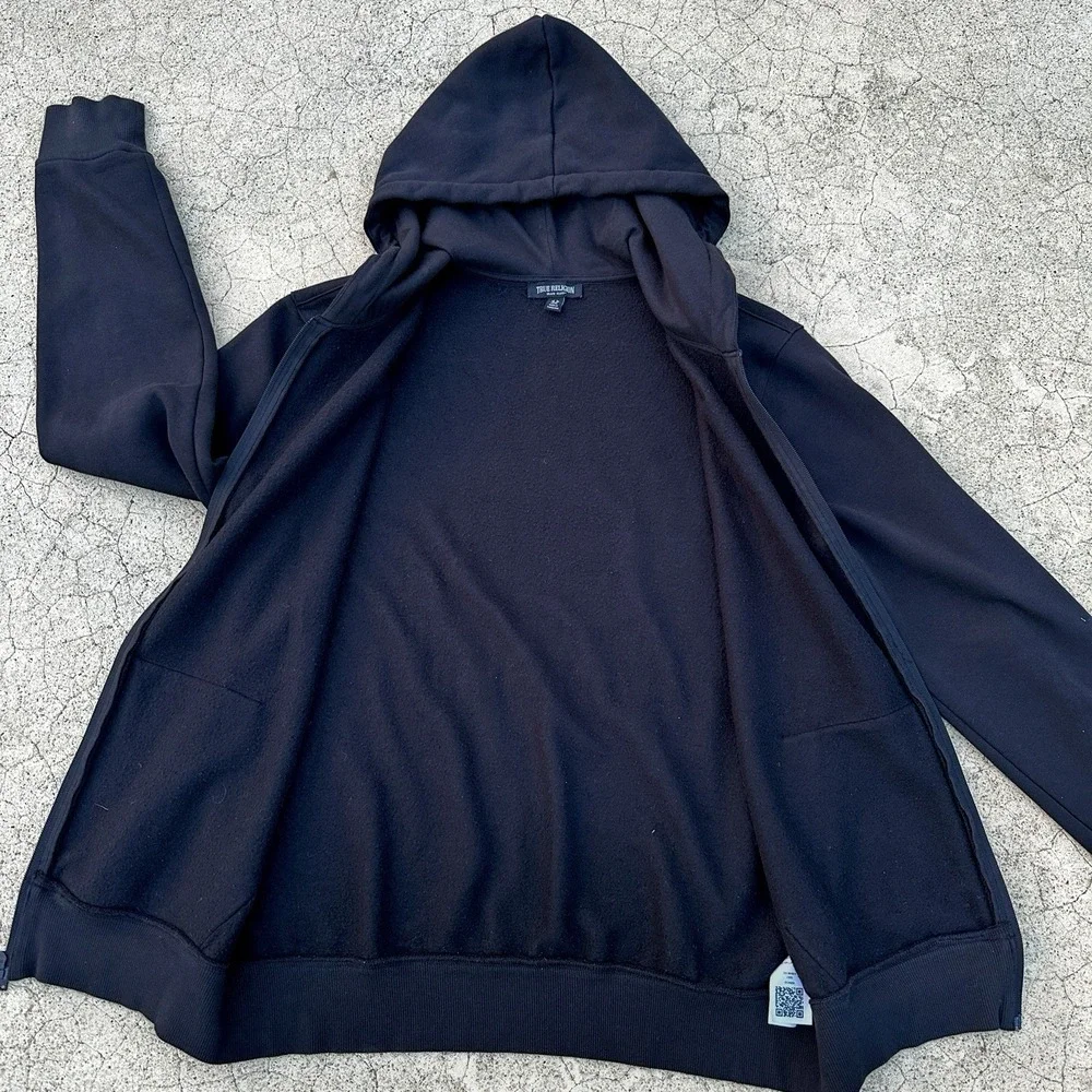 True Religion Hoodie Mens Size M Black Full Zip Horseshoe Logo Sweatshirt Casual